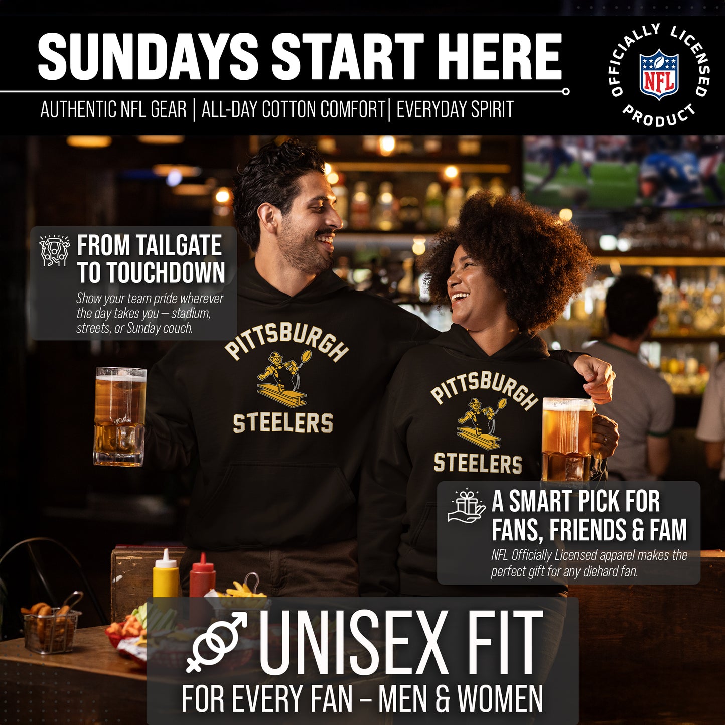 Pittsburgh Steelers NFL Adult Unisex Retro Gameday Ultra Soft Fleece Hooded Sweatshirt - Black