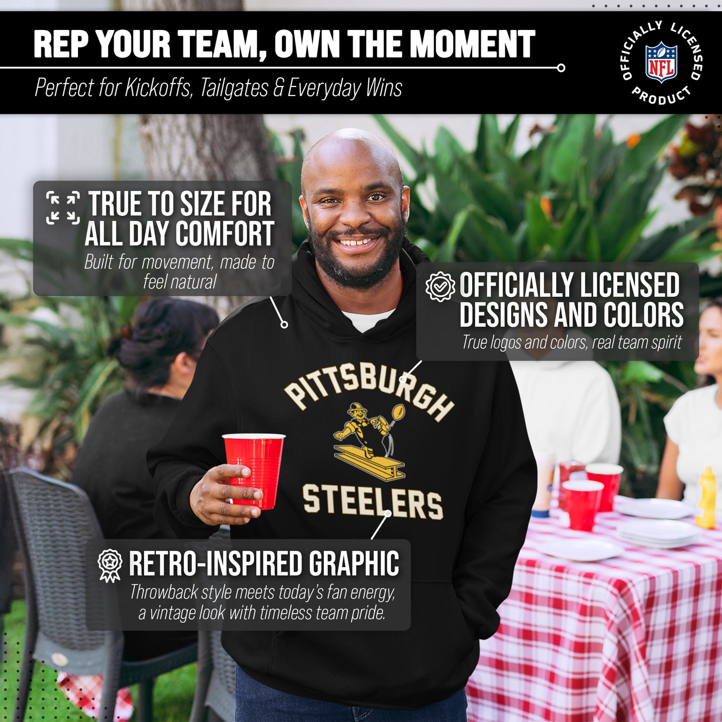 Pittsburgh Steelers NFL Adult Unisex Retro Gameday Ultra Soft Fleece Hooded Sweatshirt - Black