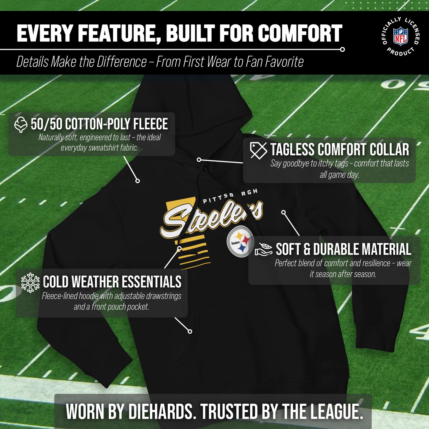 Pittsburgh Steelers NFL Adult Unisex Retro Script Ultra Soft Fleece Hooded Sweatshirt - Black