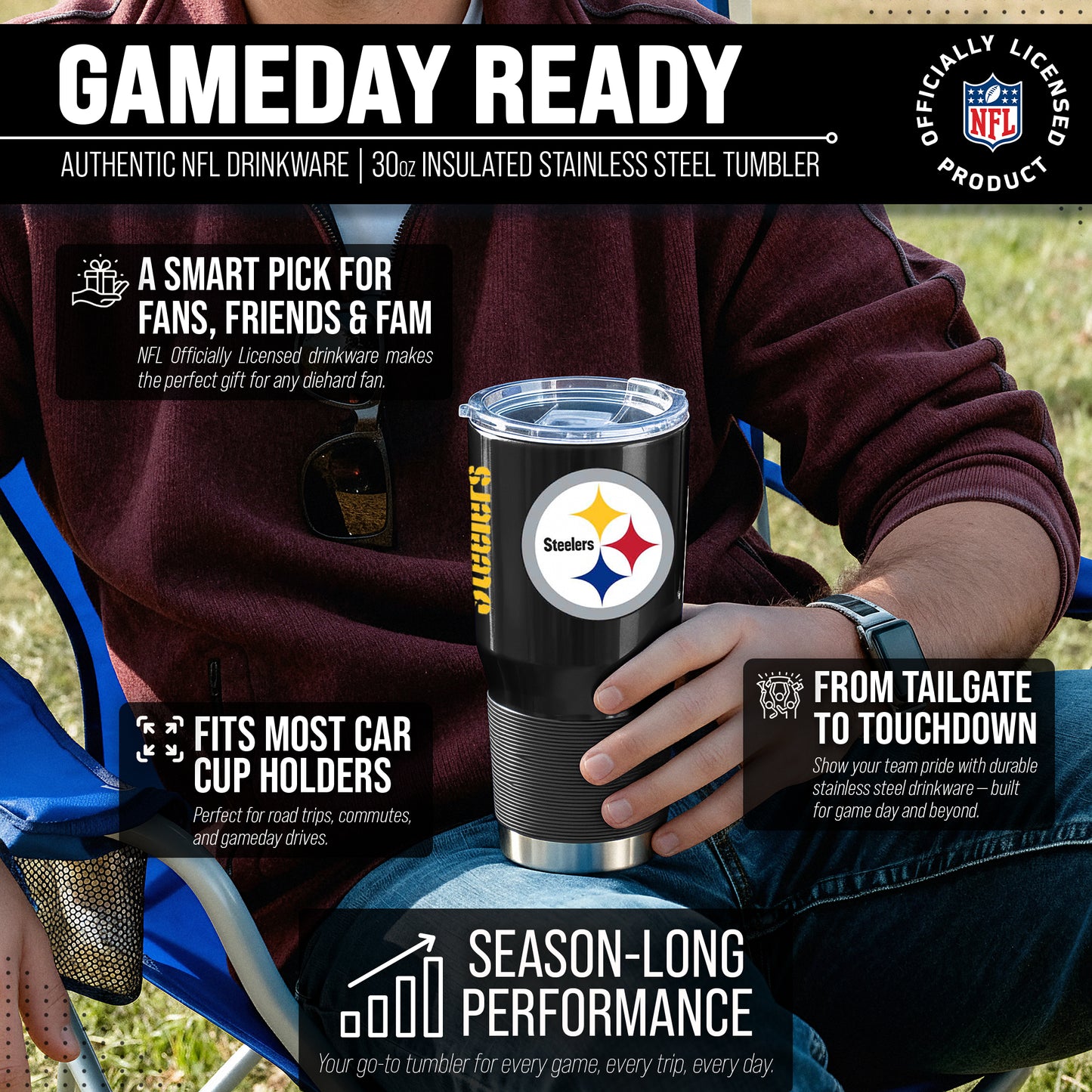 Pittsburgh Steelers NFL 30oz Gameday Stainless Steel Tumbler - Black