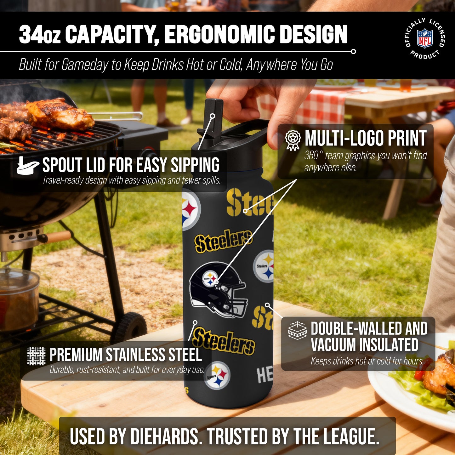 Pittsburgh Steelers NFL 34Oz Native Quencher Water Bottle - Black