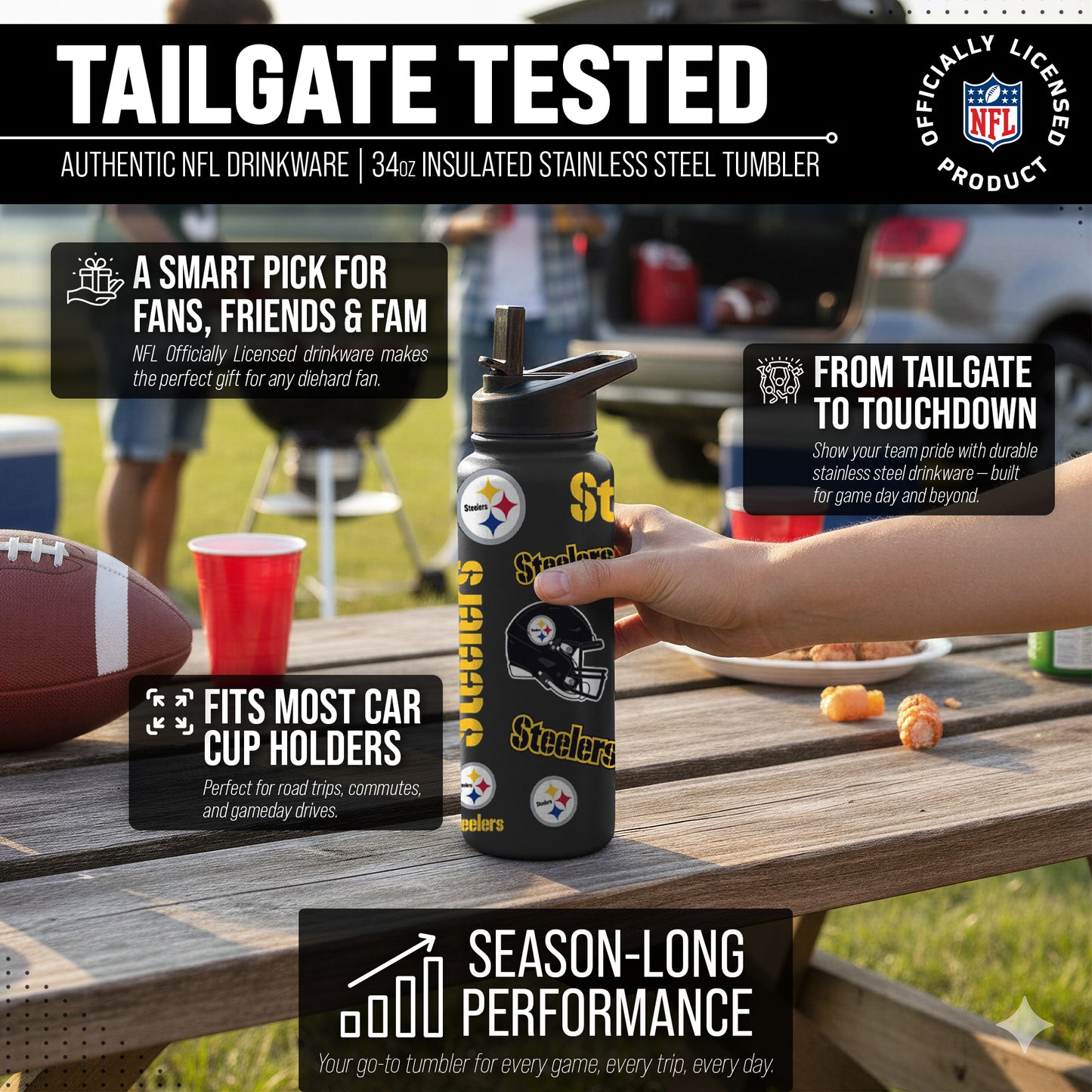 Pittsburgh Steelers NFL 34Oz Native Quencher Water Bottle - Black