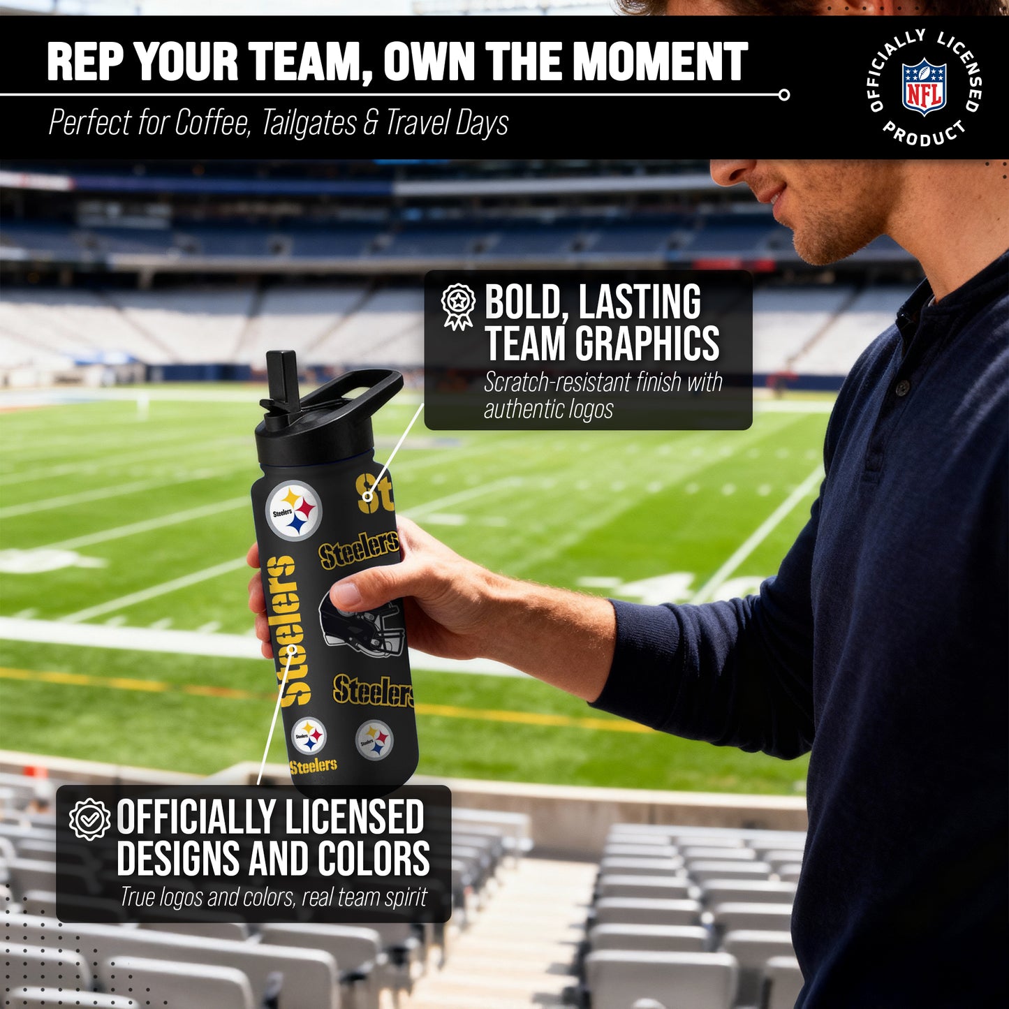 Pittsburgh Steelers NFL 34Oz Native Quencher Water Bottle - Black