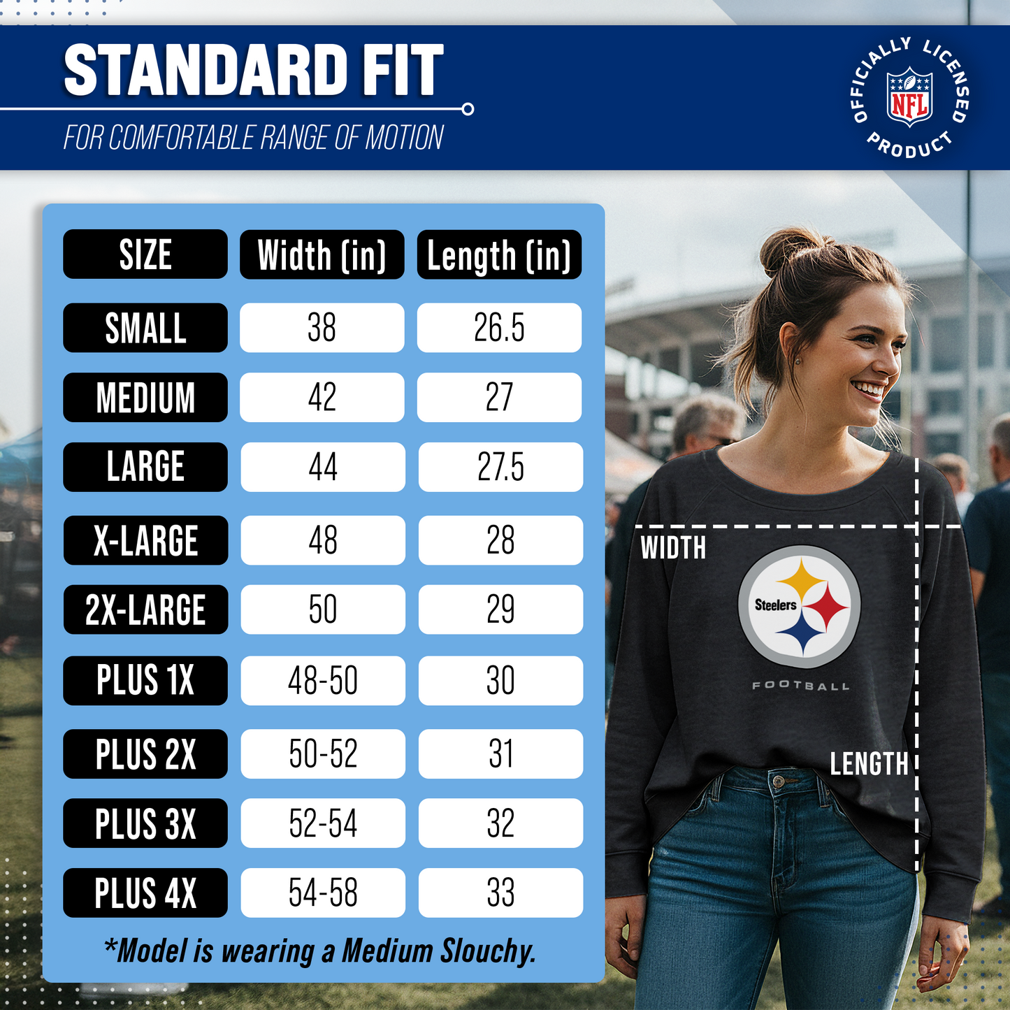 Pittsburgh Steelers Women's NFL Ultimate Fan Logo Slouchy Crewneck -Tagless Fleece Lightweight Pullover - Charcoal