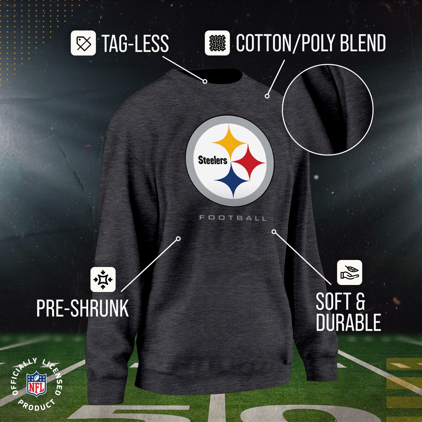 Pittsburgh Steelers Women's NFL Ultimate Fan Logo Slouchy Crewneck -Tagless Fleece Lightweight Pullover - Charcoal