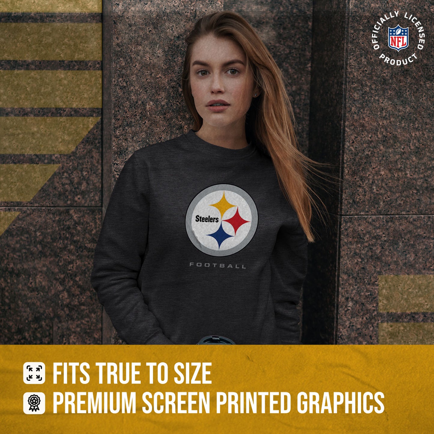 Pittsburgh Steelers Women's NFL Ultimate Fan Logo Slouchy Crewneck -Tagless Fleece Lightweight Pullover - Charcoal