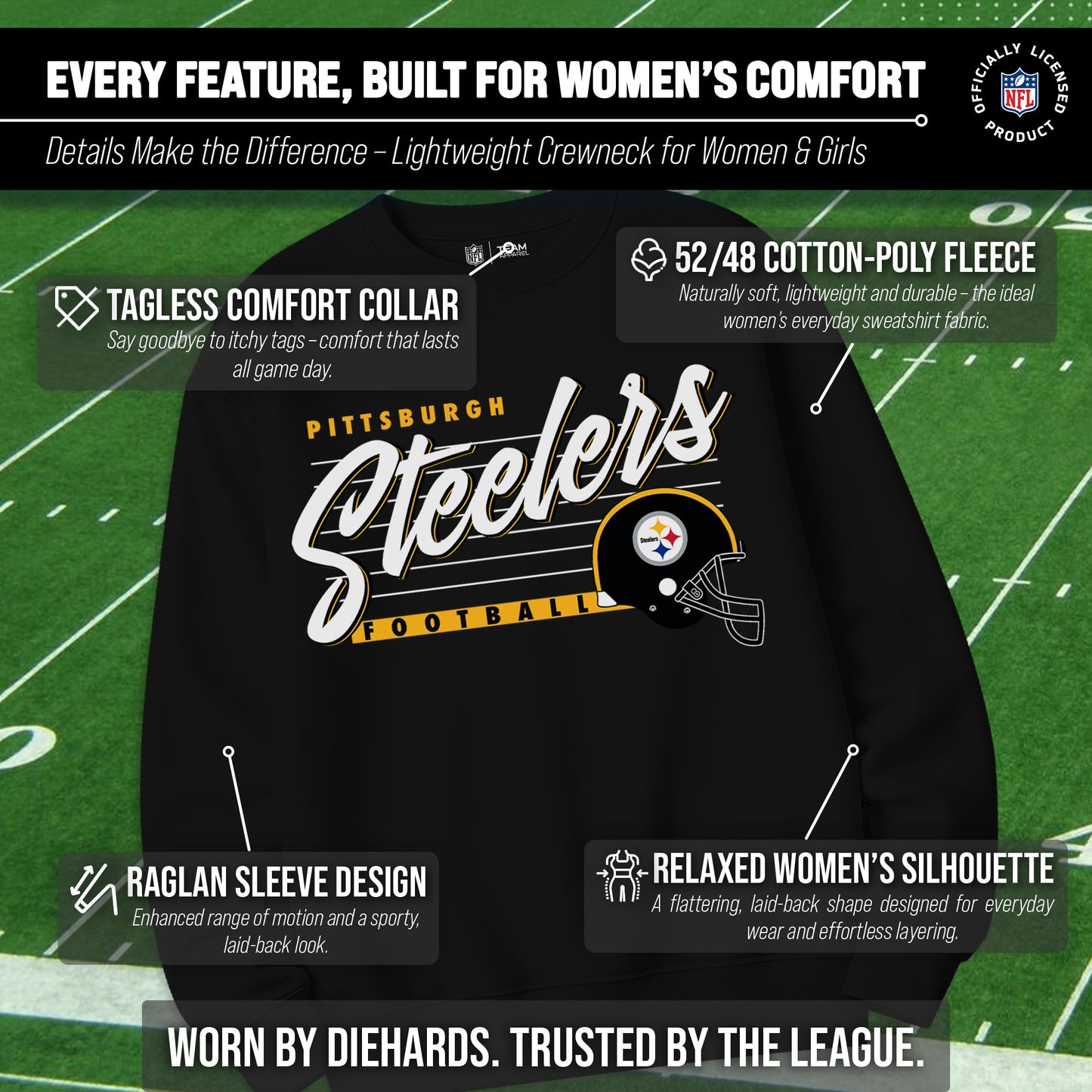Pittsburgh Steelers Womens NFL Scrimmage Line Crewneck Pullover - Black