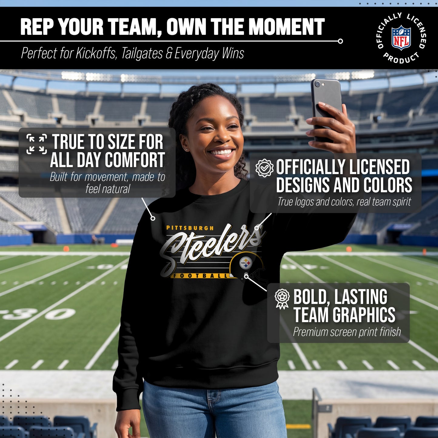 Pittsburgh Steelers Womens NFL Scrimmage Line Crewneck Pullover - Black