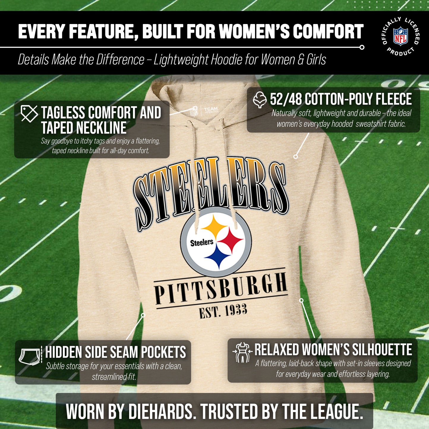 Pittsburgh Steelers Ladies NFL Starstruck Fleece Pullover Hooded Sweatshirt - Cream