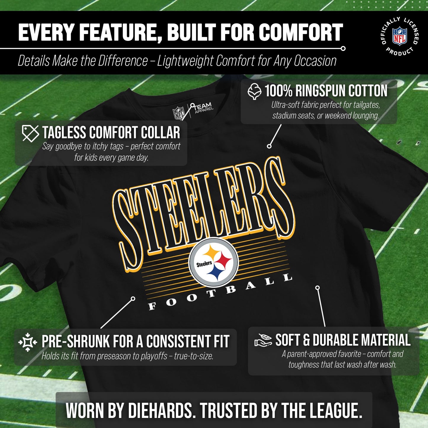 Pittsburgh Steelers NFL Youth Overtime Blueprint Football T-Shirt Unisex Tag Free Comfortable - Black