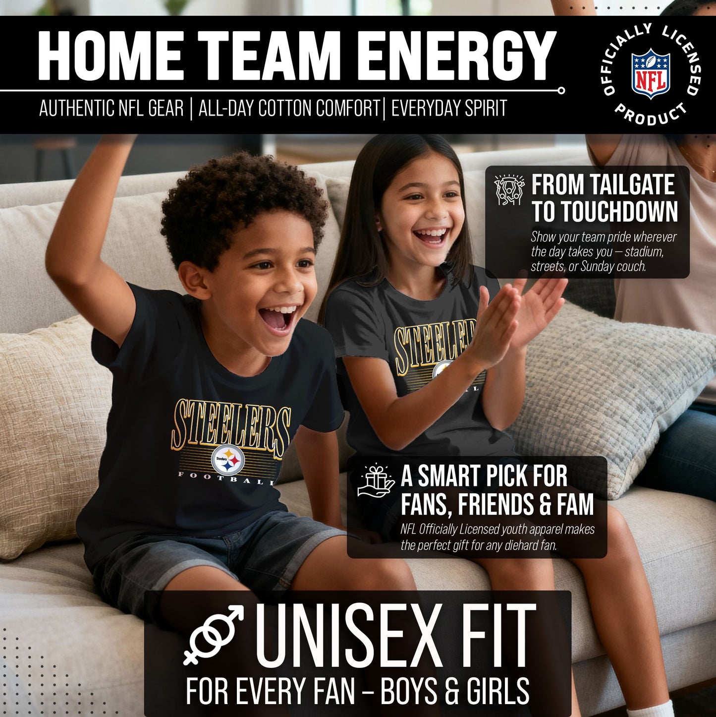 Pittsburgh Steelers NFL Youth Overtime Blueprint Football T-Shirt Unisex Tag Free Comfortable - Black