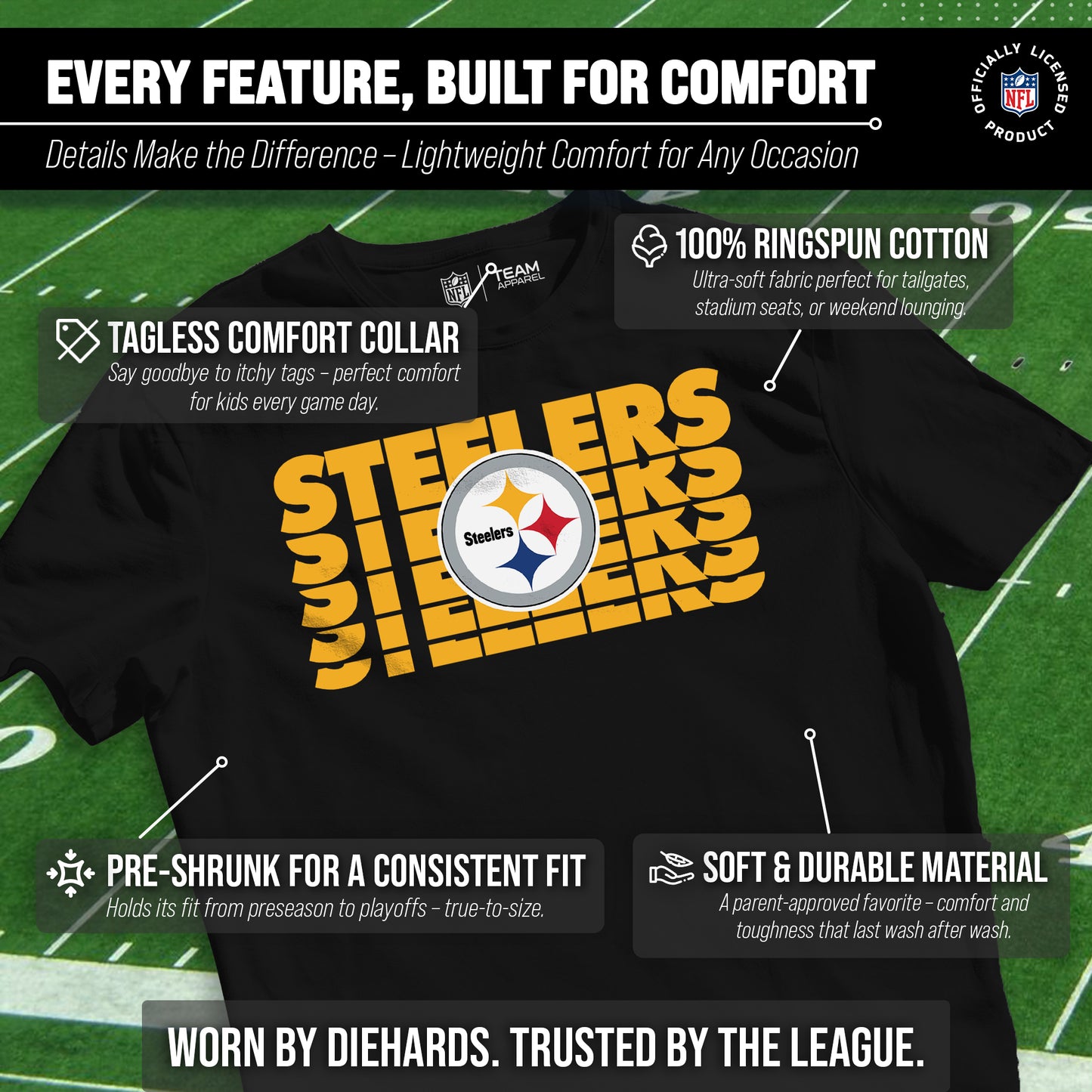 Pittsburgh Steelers NFL Youth Repeating Logo Football T-Shirt Unisex Tag Free Comfortable - Black
