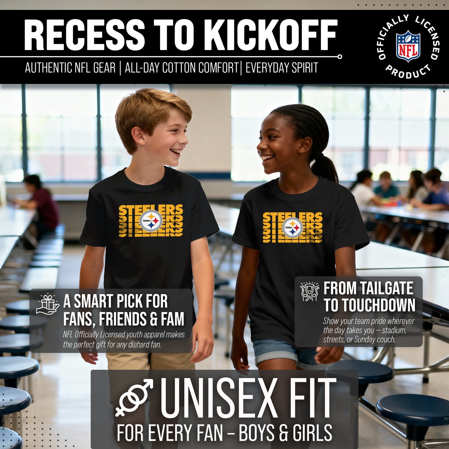 Pittsburgh Steelers NFL Youth Repeating Logo Football T-Shirt Unisex Tag Free Comfortable - Black