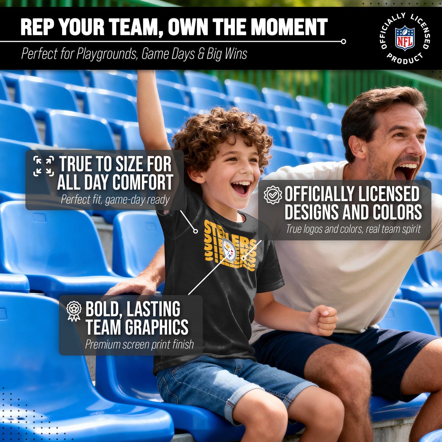 Pittsburgh Steelers NFL Youth Repeating Logo Football T-Shirt Unisex Tag Free Comfortable - Black