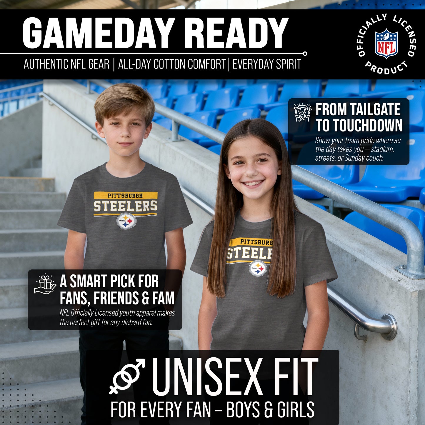 Pittsburgh Steelers NFL Youth Short Sleeve Charcoal T Shirt - Charcoal