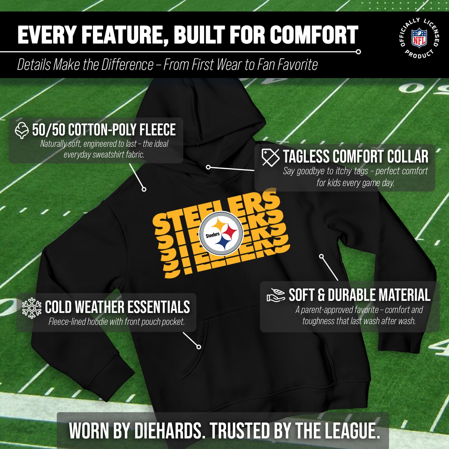 Pittsburgh Steelers NFL Youth Repeating Logo Football Fleece Hooded Sweatshirt - Black