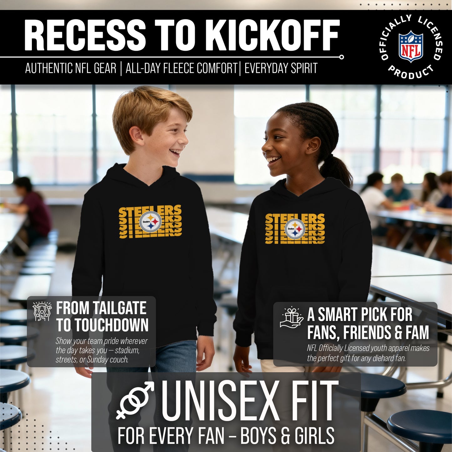 Pittsburgh Steelers NFL Youth Repeating Logo Football Fleece Hooded Sweatshirt - Black