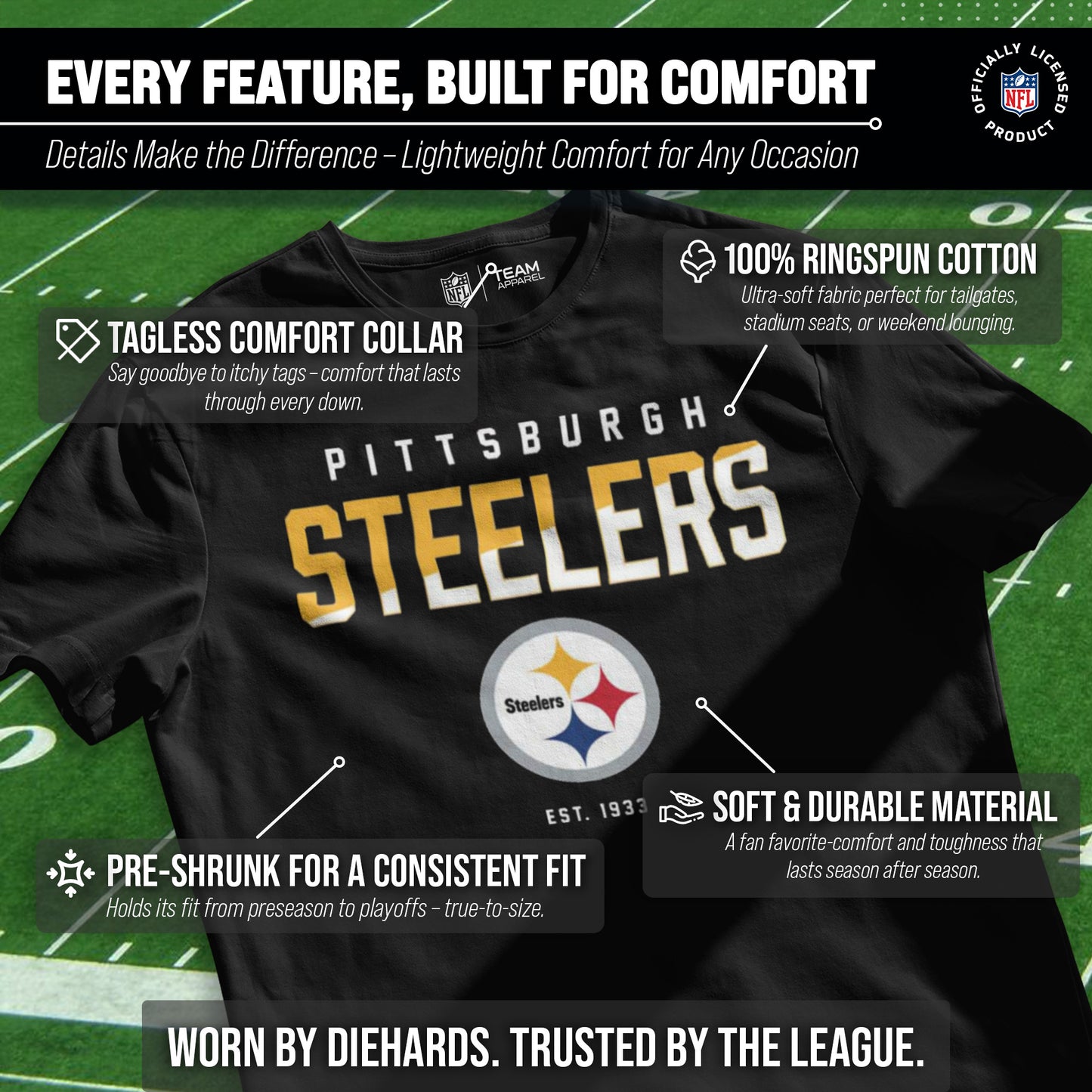 Pittsburgh Steelers Adult NFL Diagonal Fade Color Block T-Shirt - Black