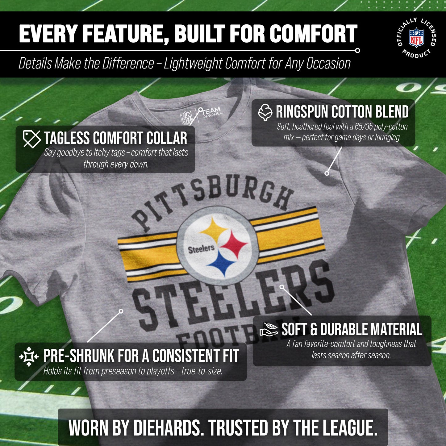 Pittsburgh Steelers NFL Adult Short Sleeve Team Stripe Tee - Sport Gray