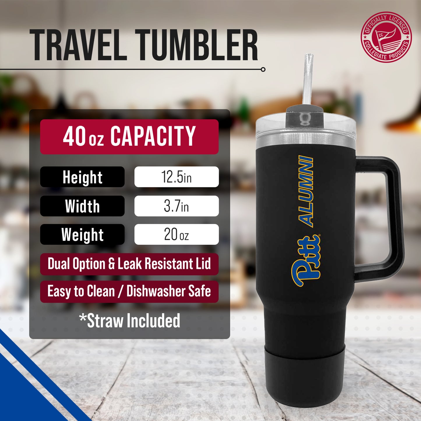 Pitt Panthers Collegiate 40oz Stainless Steel Travel Tumbler with Handle for Alumni - Black