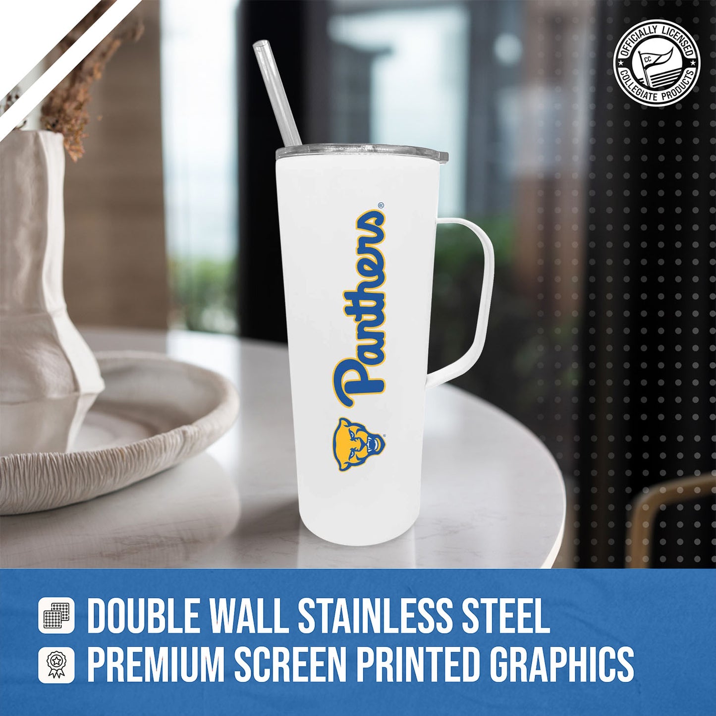 Pitt Panthers NCAA Stainless Steel 20oz Roadie With Handle & Dual Option Lid With Straw - White