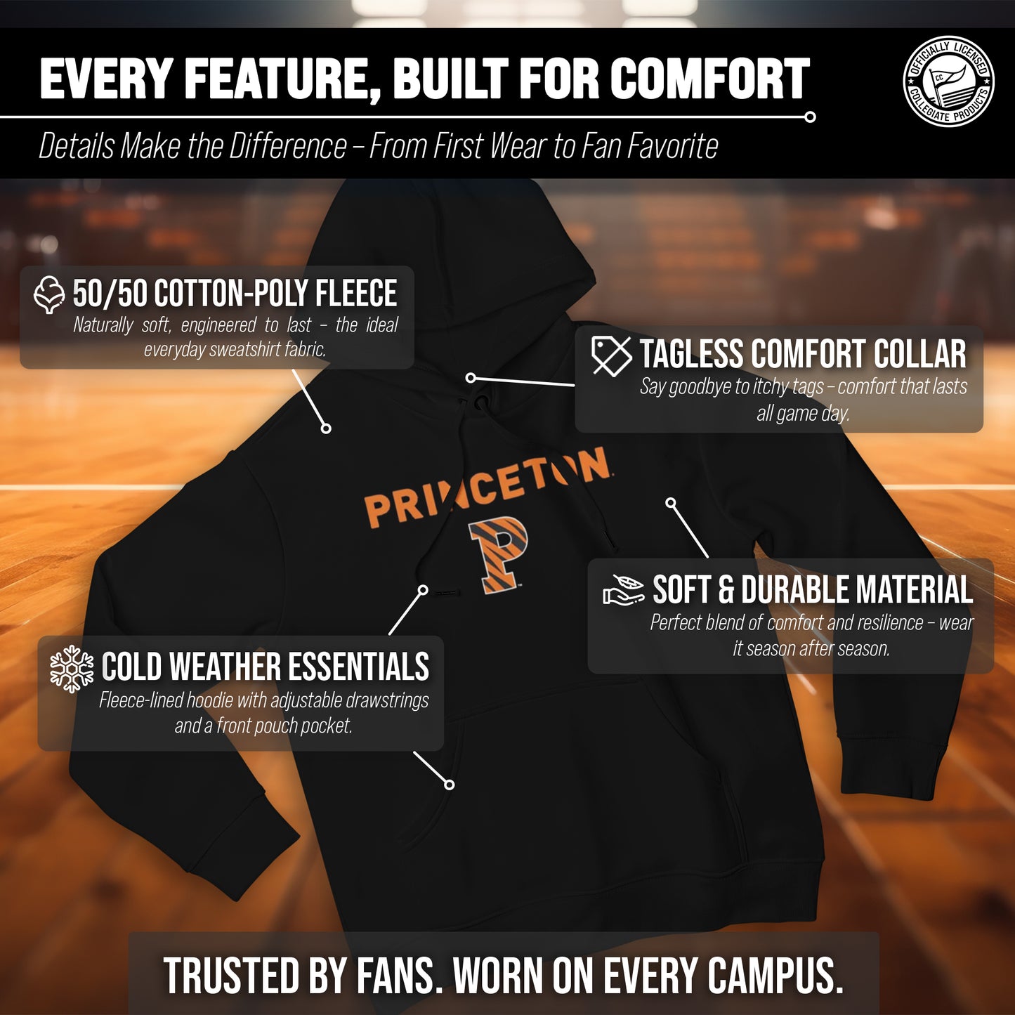 Princeton Tigers Adult Arch & Logo Soft Style Gameday Hooded Sweatshirt - Black