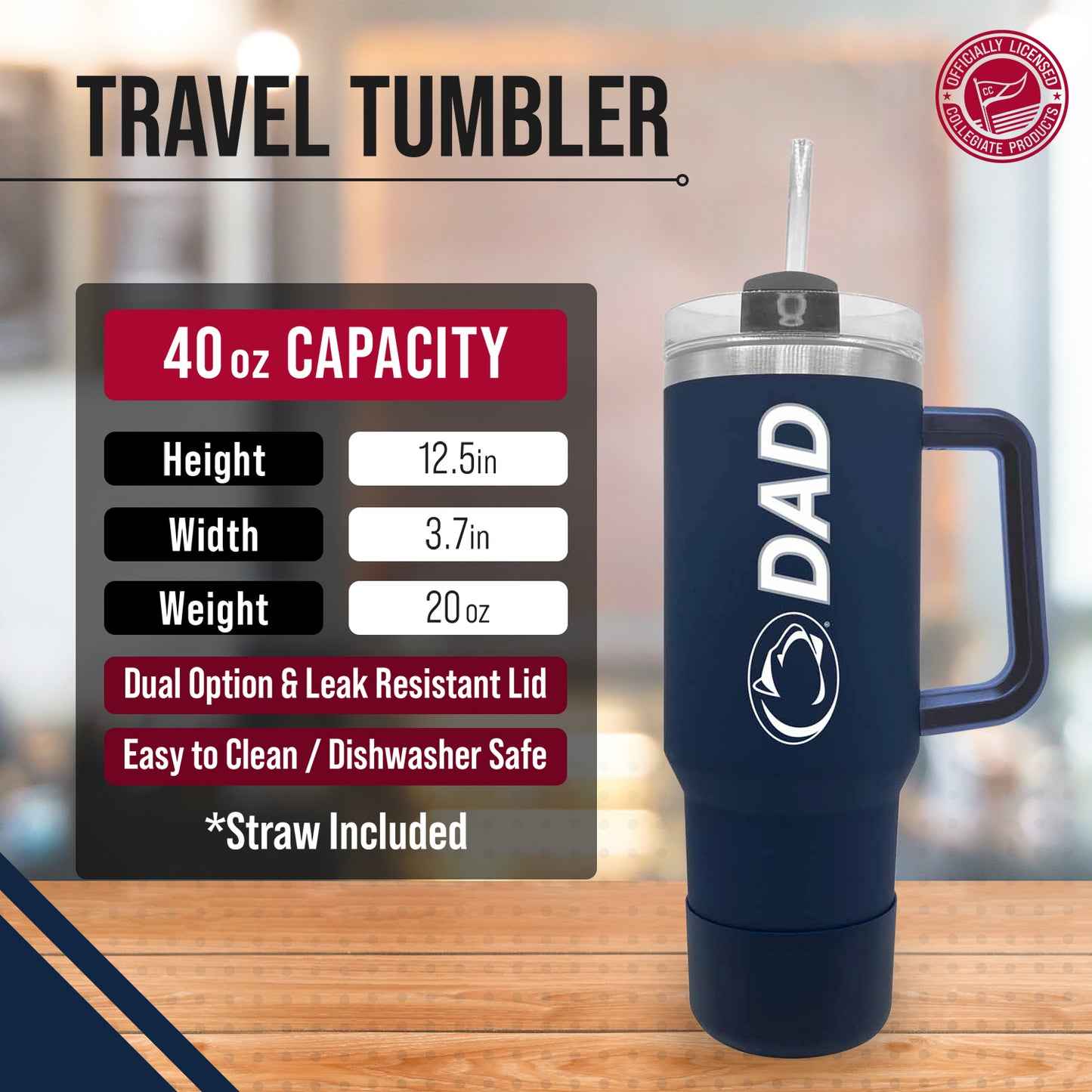 Penn State Nittany Lions Collegiate 40oz Stainless Steel Travel Tumbler with Handle for Dad - Navy
