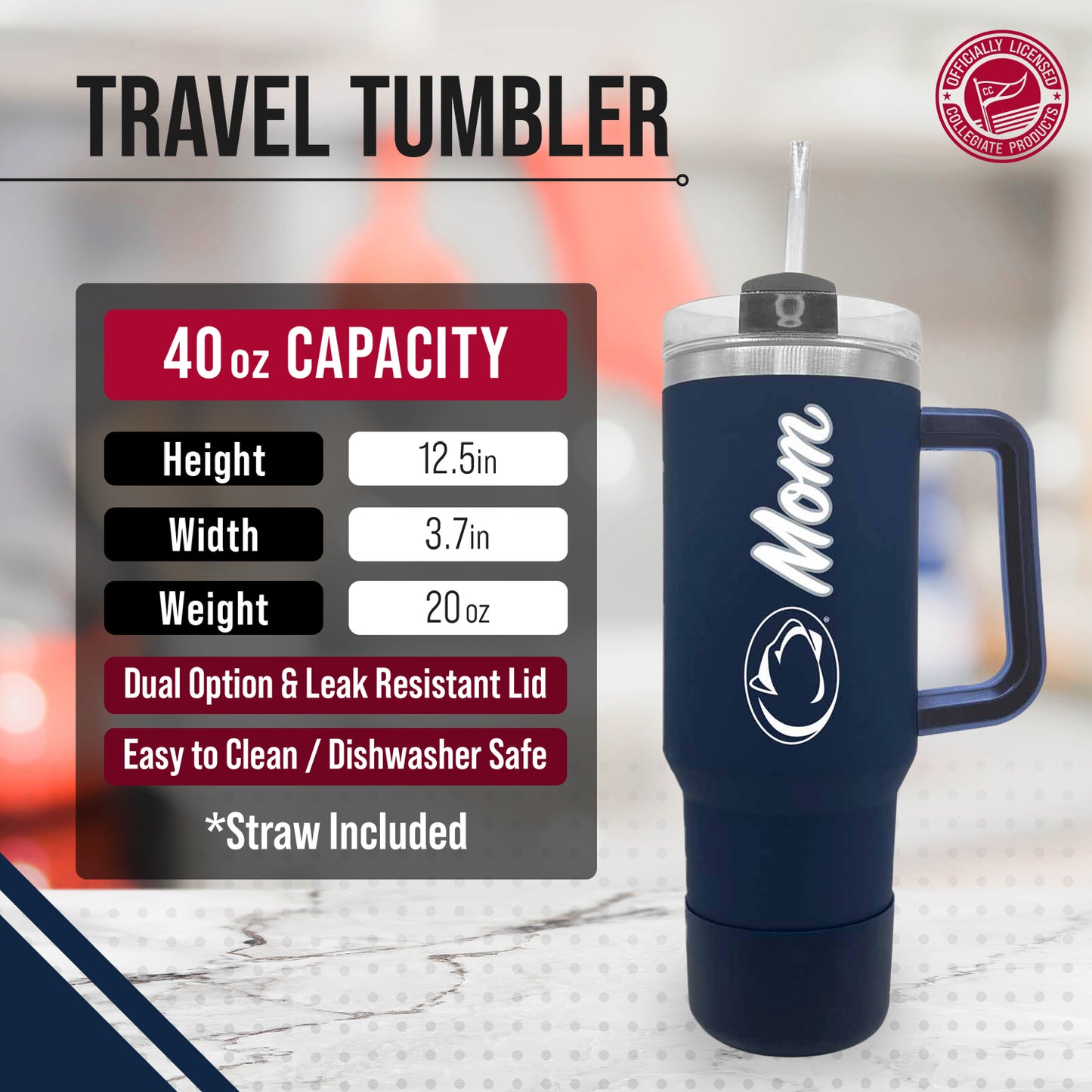 Penn State Nittany Lions Collegiate 40oz Stainless Steel Travel Tumbler with Handle for Mom - Navy