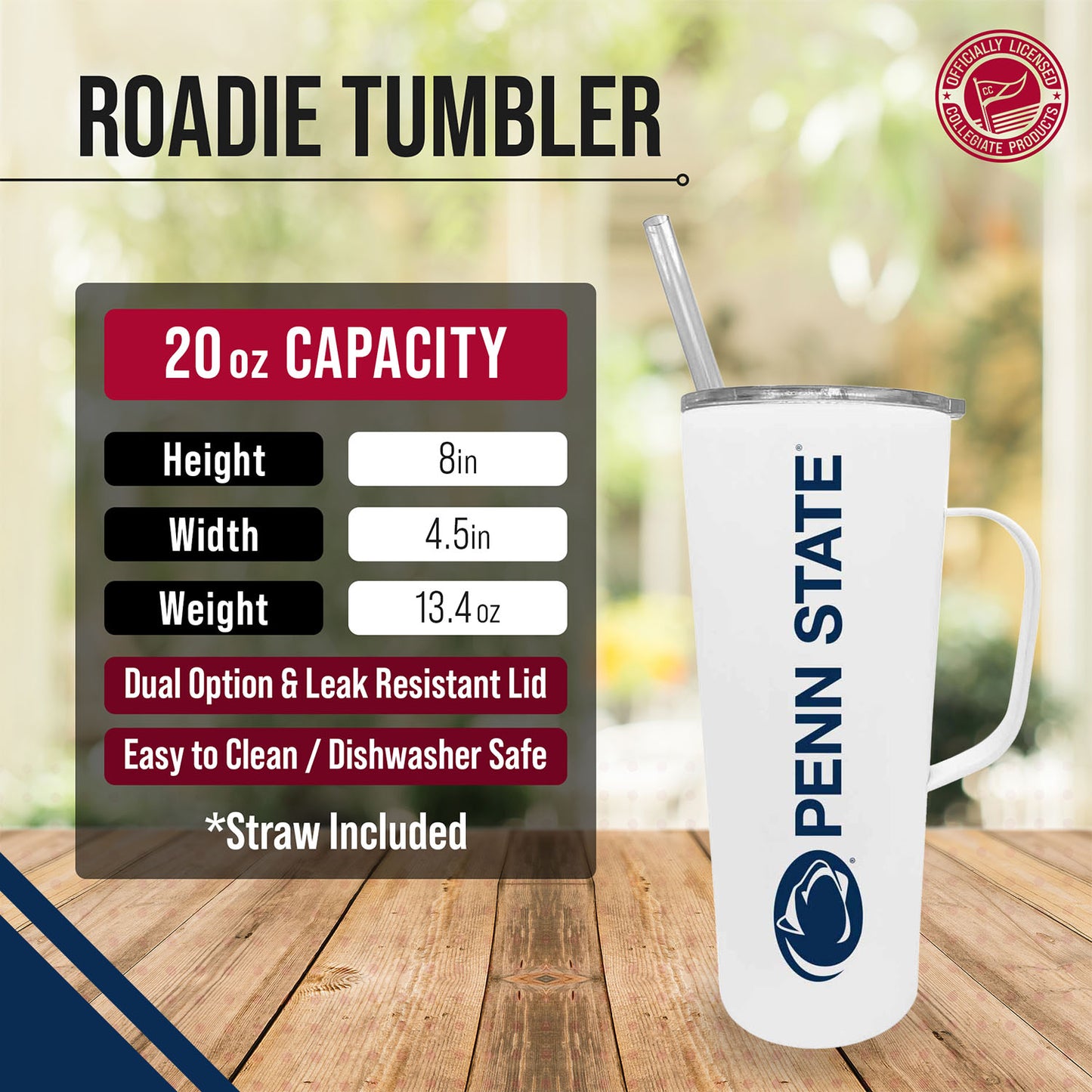 Penn State Nittany Lions NCAA Stainless Steel 20oz Roadie With Handle & Dual Option Lid With Straw - White