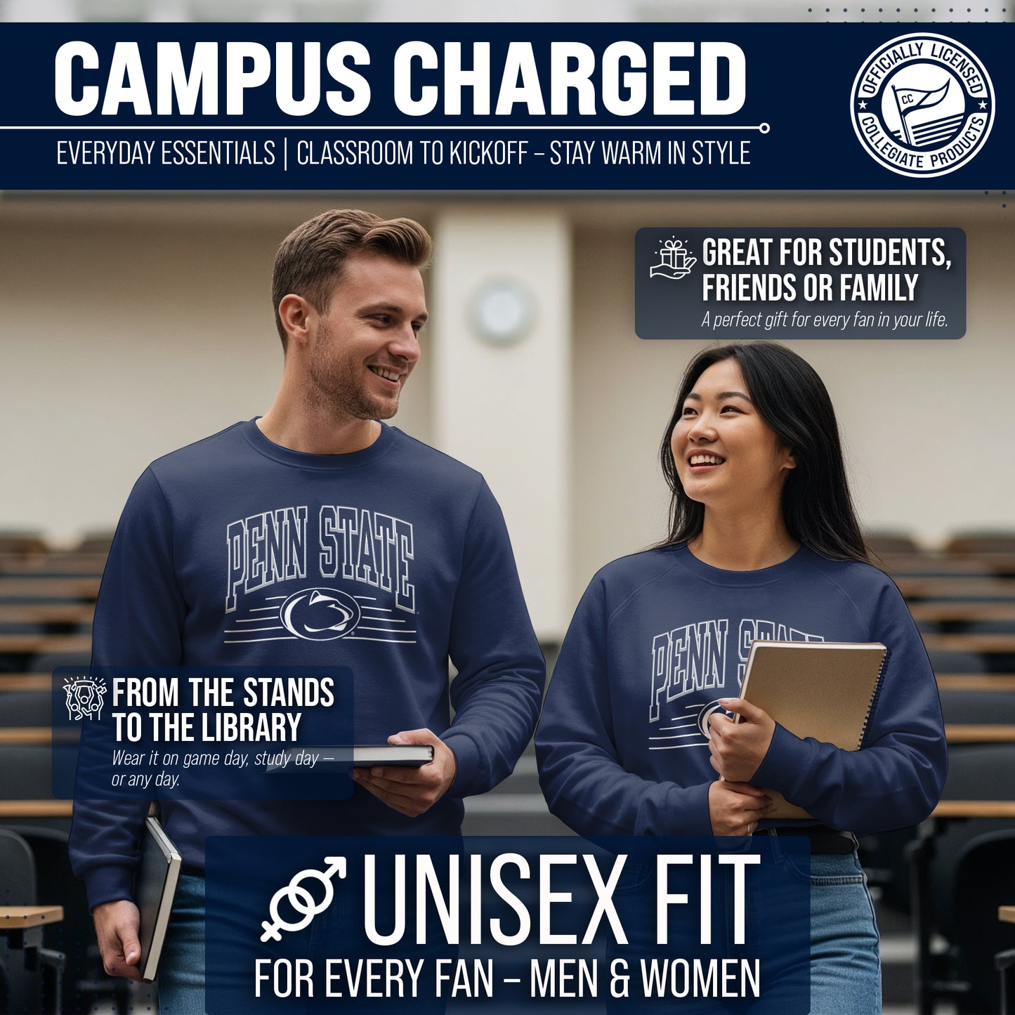Penn State Nittany Lions NCAA Adult Unisex Overtime Classics Crewneck Fleece Sweatshirt - Navy