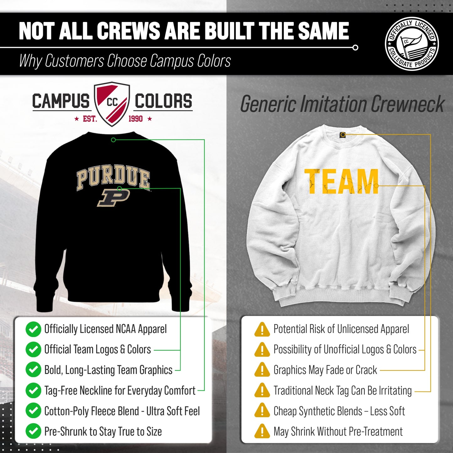 Purdue Boilermakers Campus Colors Adult Arch & Logo Soft Style Gameday Crewneck Sweatshirt  - Black
