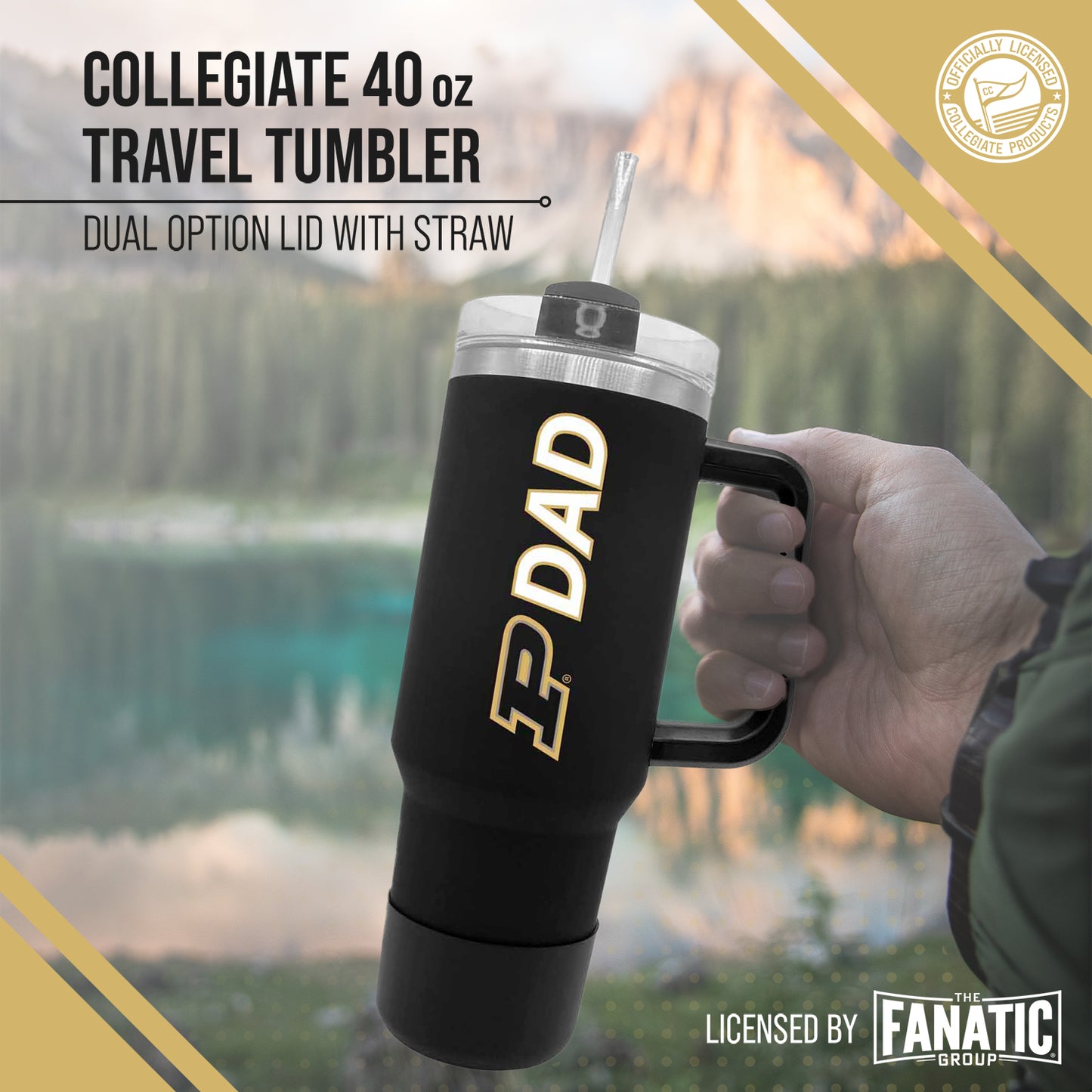 Purdue Boilermakers Collegiate 40oz Stainless Steel Travel Tumbler with Handle for Dad - Black