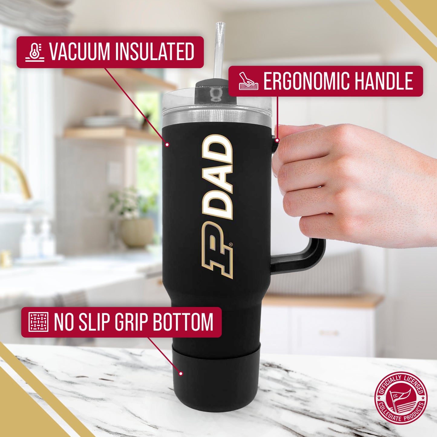Purdue Boilermakers Collegiate 40oz Stainless Steel Travel Tumbler with Handle for Dad - Black