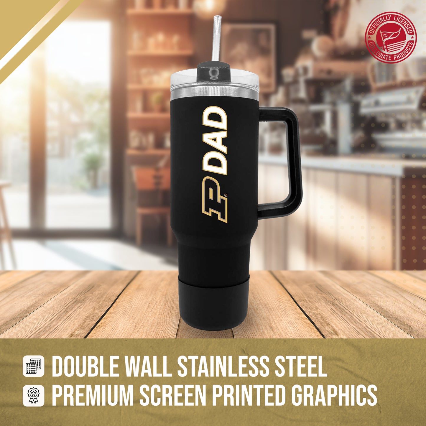 Purdue Boilermakers Collegiate 40oz Stainless Steel Travel Tumbler with Handle for Dad - Black