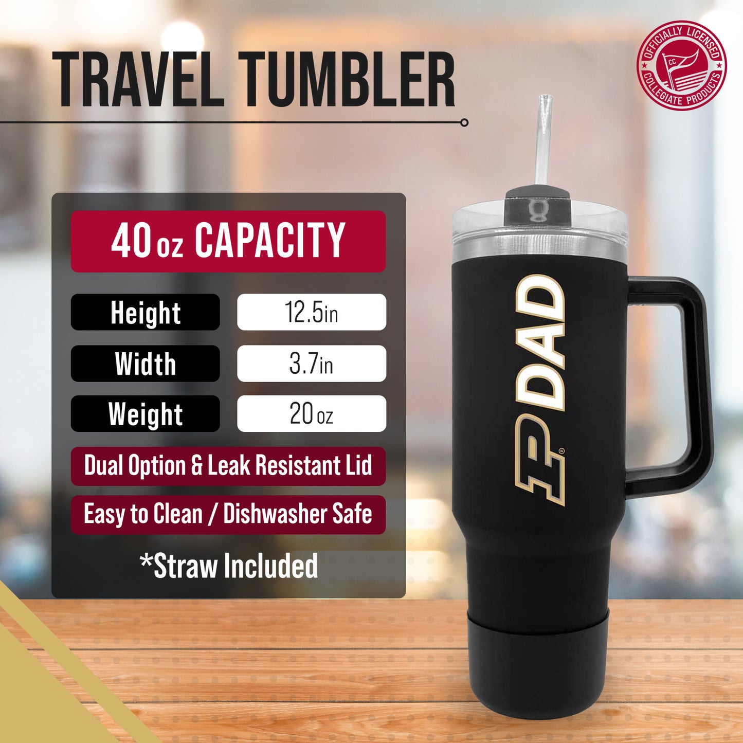 Purdue Boilermakers Collegiate 40oz Stainless Steel Travel Tumbler with Handle for Dad - Black
