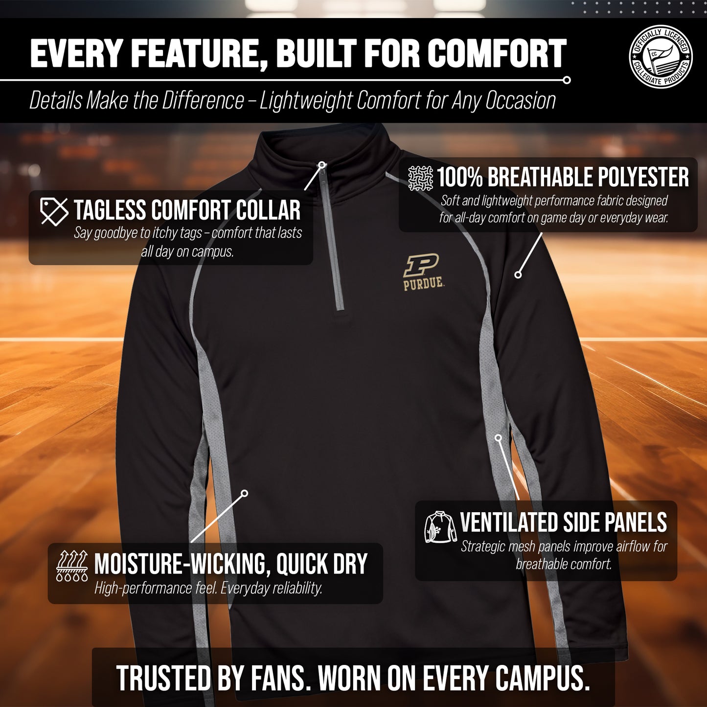 Purdue Boilermakers Mens NCAA Campus Classic Long Sleeve 1/4 Zip Windshirt - Black