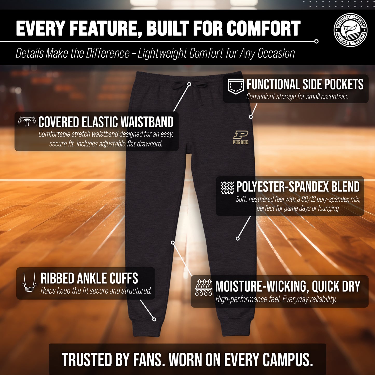 Purdue Boilermakers NCAA Men’s University Cloud Jersey Performance Jogger Pants with Drawstring Waistband - Black Heather