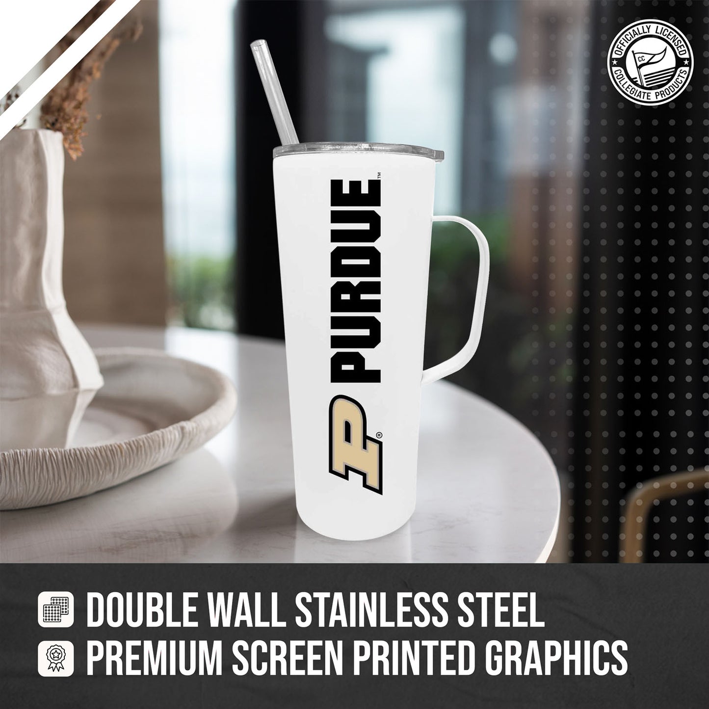 Purdue Boilermakers NCAA Stainless Steel 20oz Roadie With Handle & Dual Option Lid With Straw - White