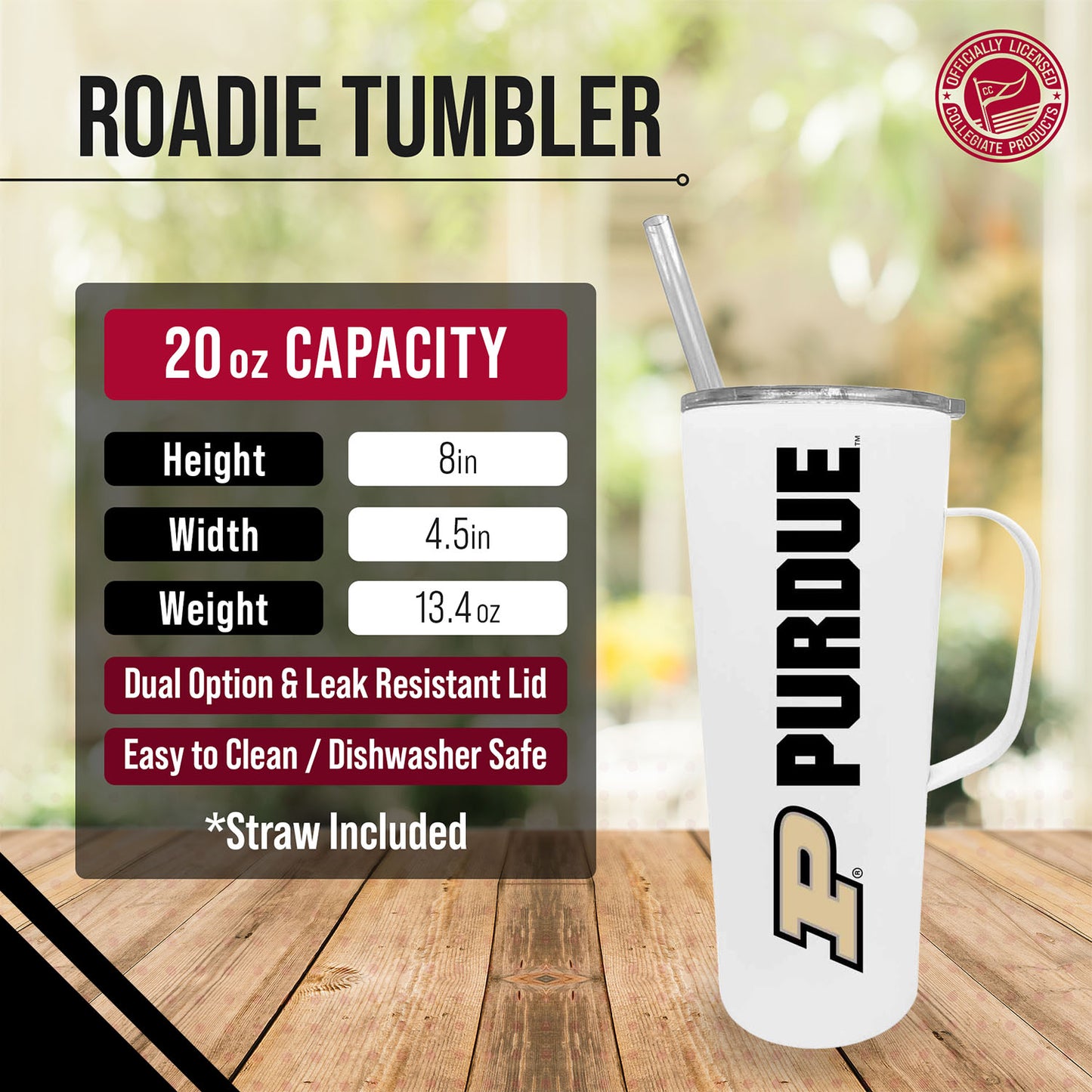 Purdue Boilermakers NCAA Stainless Steel 20oz Roadie With Handle & Dual Option Lid With Straw - White