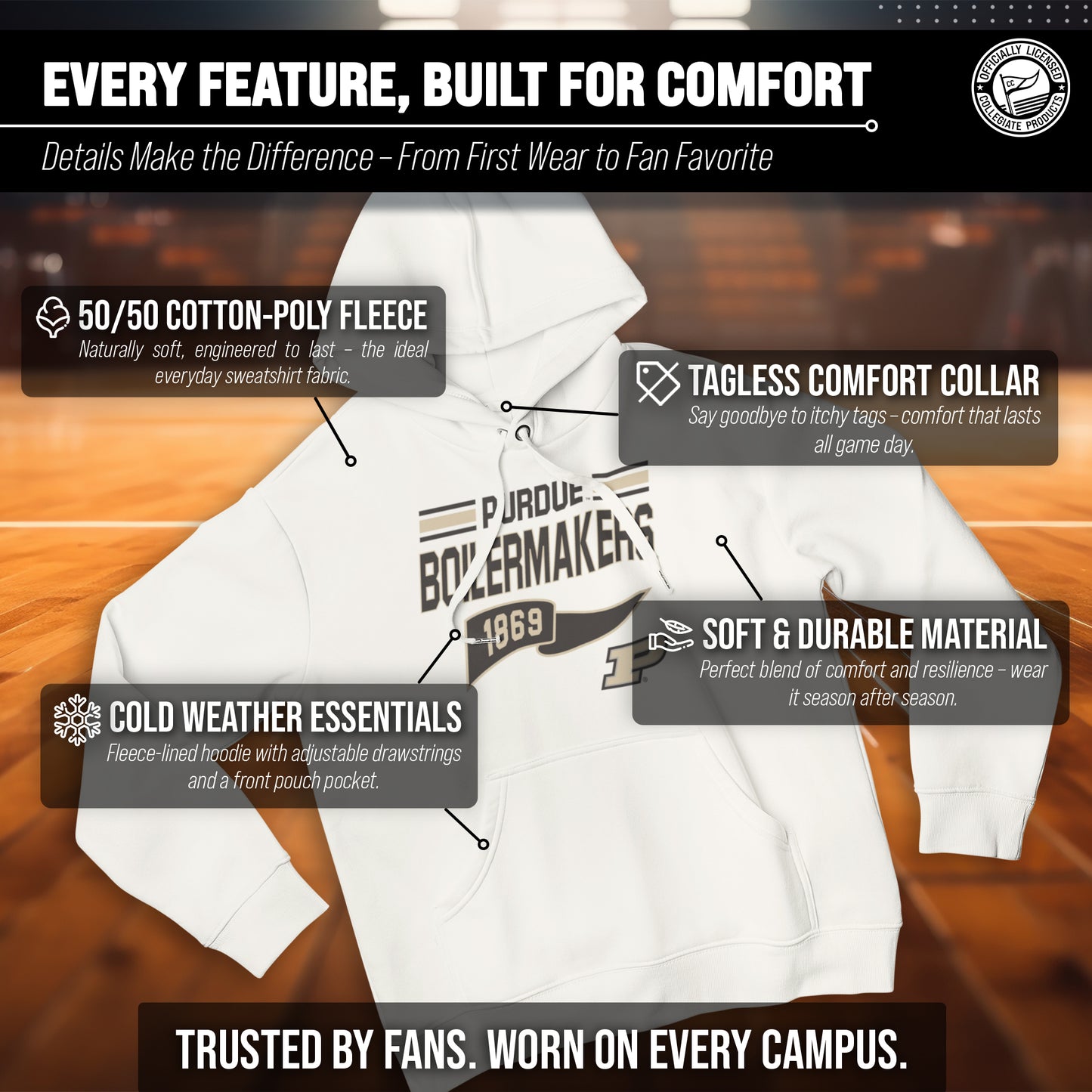 Purdue Boilermakers NCAA Adult Unisex Varsity Club Pennant Hooded Fleece Sweatshirt - Off White