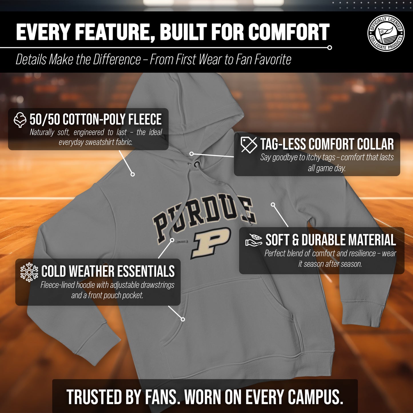 Purdue Boilermakers Adult Arch & Logo Soft Style Gameday Hooded Sweatshirt - Gray