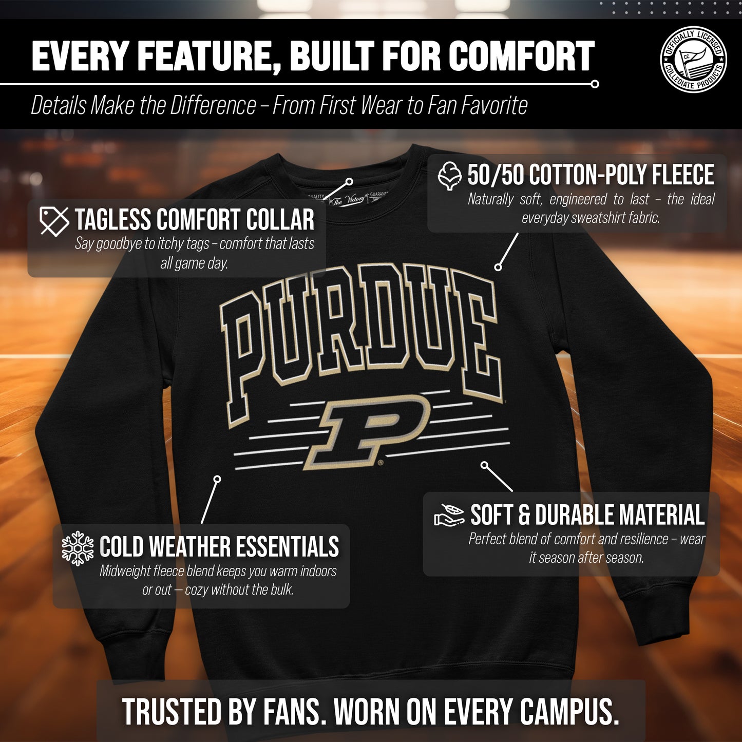 Purdue Boilermakers NCAA Adult Unisex Overtime Classics Crewneck Fleece Sweatshirt - Black