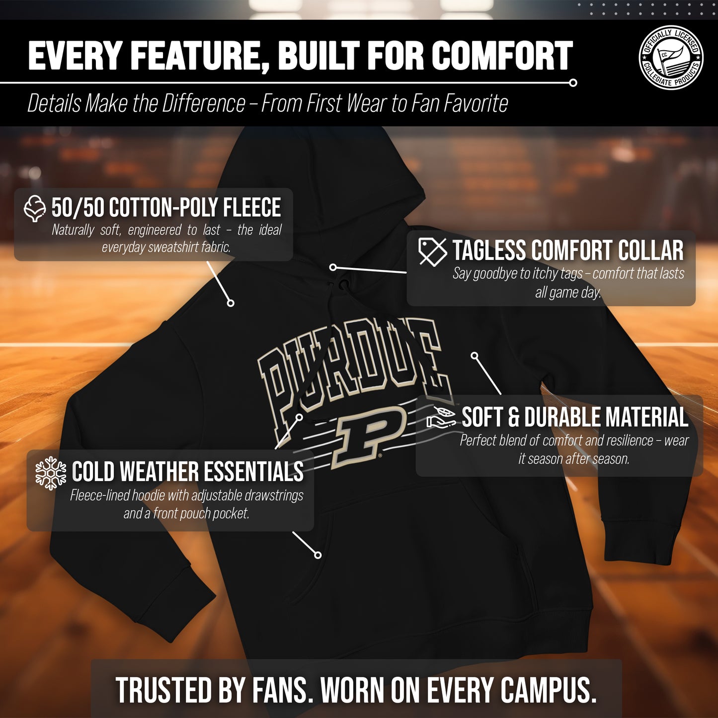 Purdue Boilermakers NCAA Adult Unisex Overtime Classics Hooded Fleece Sweatshirt - Black