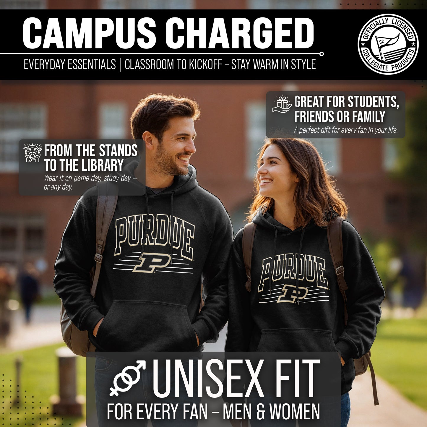 Purdue Boilermakers NCAA Adult Unisex Overtime Classics Hooded Fleece Sweatshirt - Black