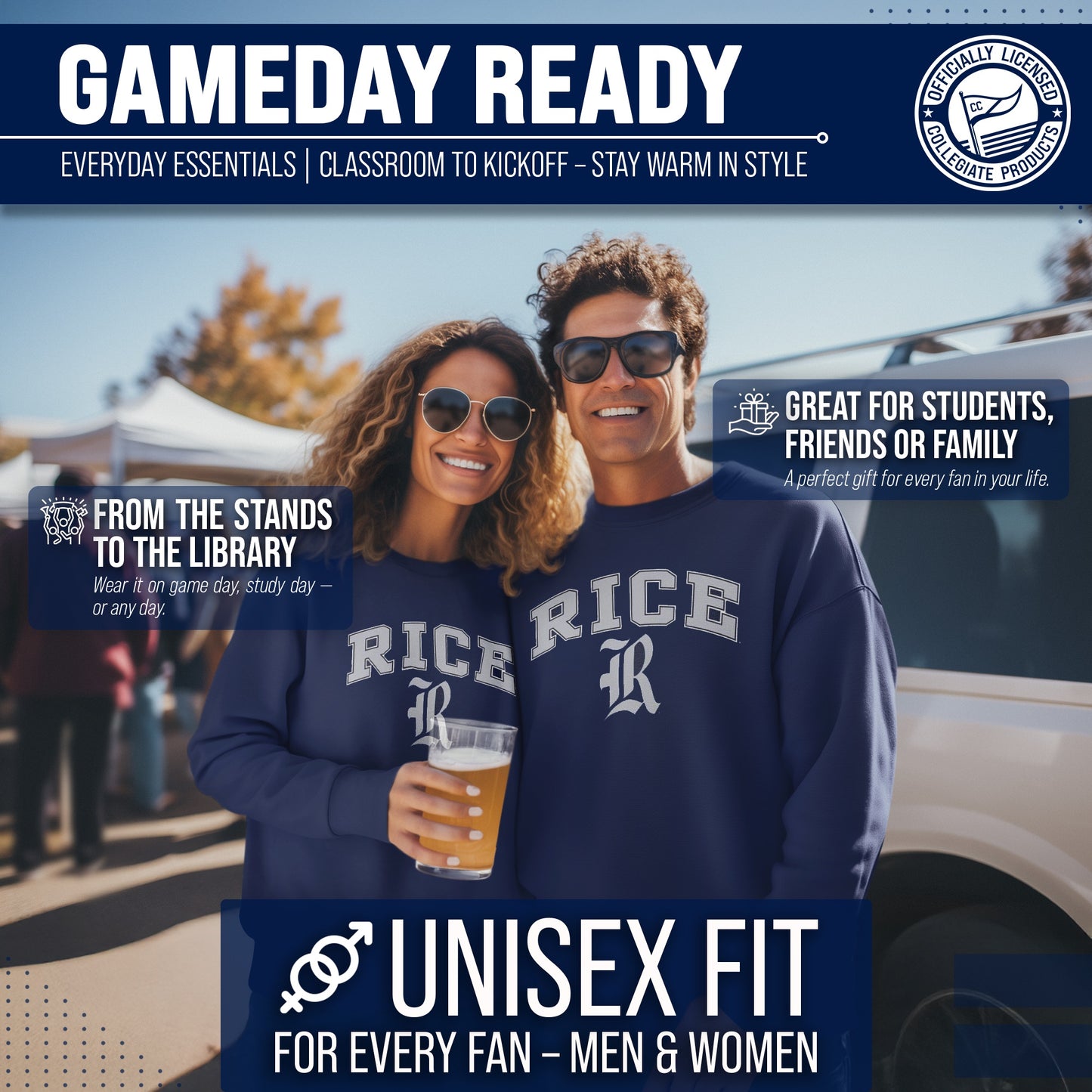 Rice Owls Adult Arch & Logo Soft Style Gameday Crewneck Sweatshirt - Navy