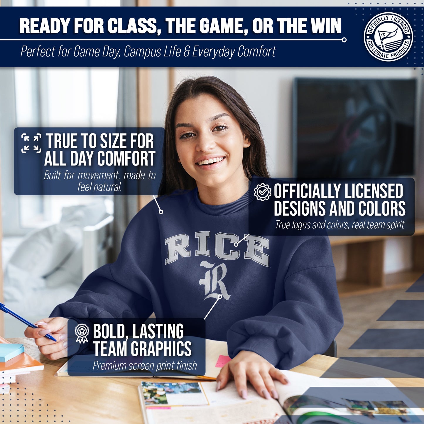 Rice Owls Adult Arch & Logo Soft Style Gameday Crewneck Sweatshirt - Navy