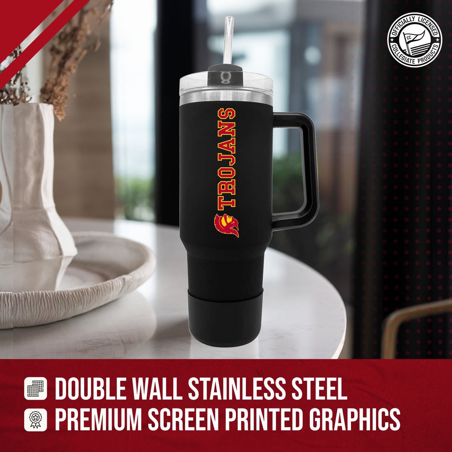 USC Trojans College & University 40 oz Travel Tumbler With Handle - Black