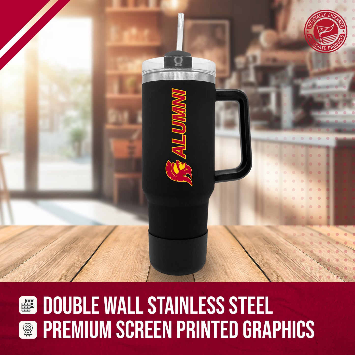 USC Trojans Collegiate 40oz Stainless Steel Travel Tumbler with Handle for Alumni - Black