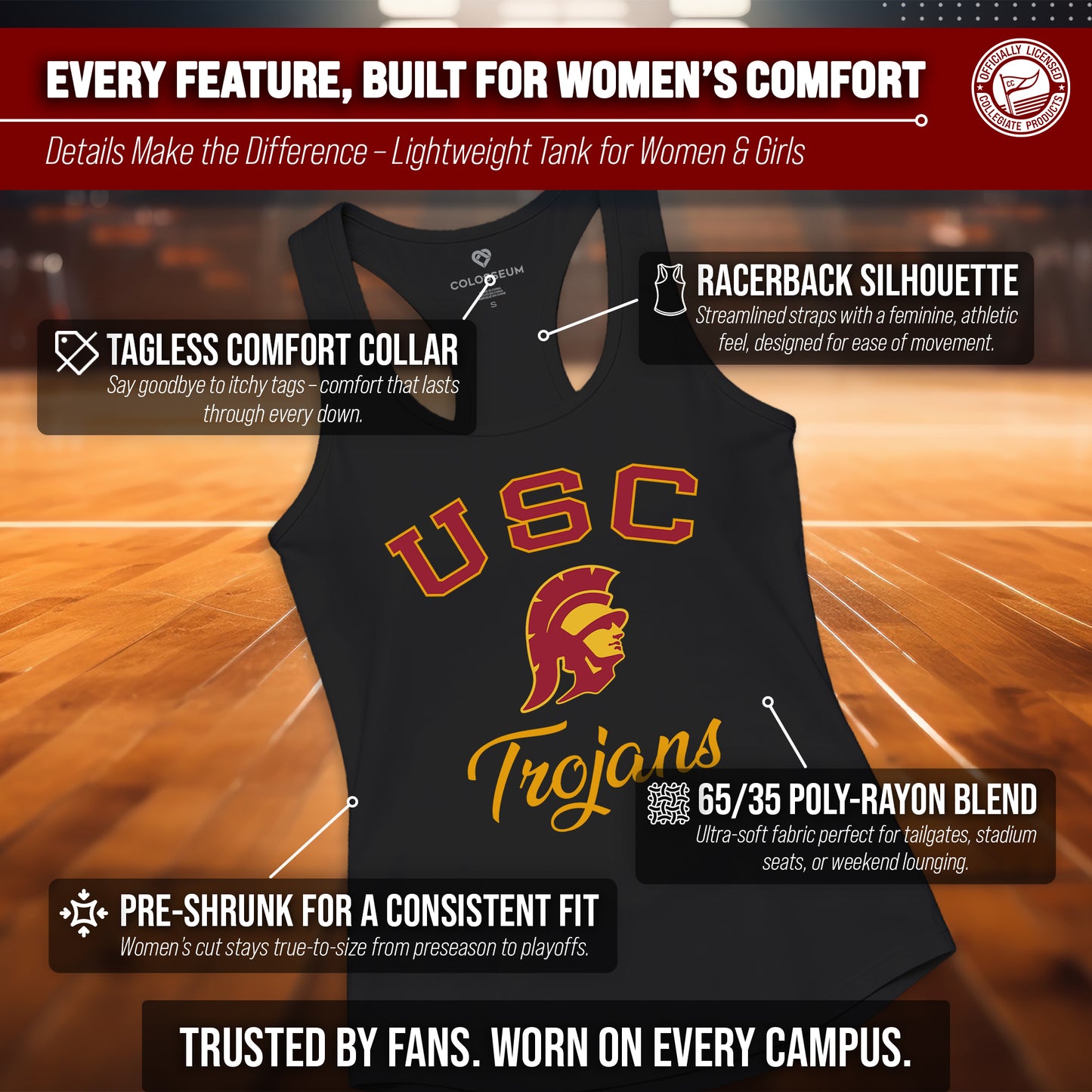 USC Trojans NCAA Womens Tag-Less Ultra Soft Tailgate Tank Top - Black Heather