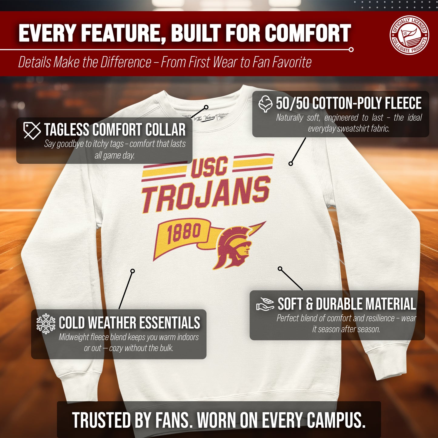 USC Trojans NCAA Adult Unisex Varsity Club Pennant Crewneck Fleece Sweatshirt - Off White
